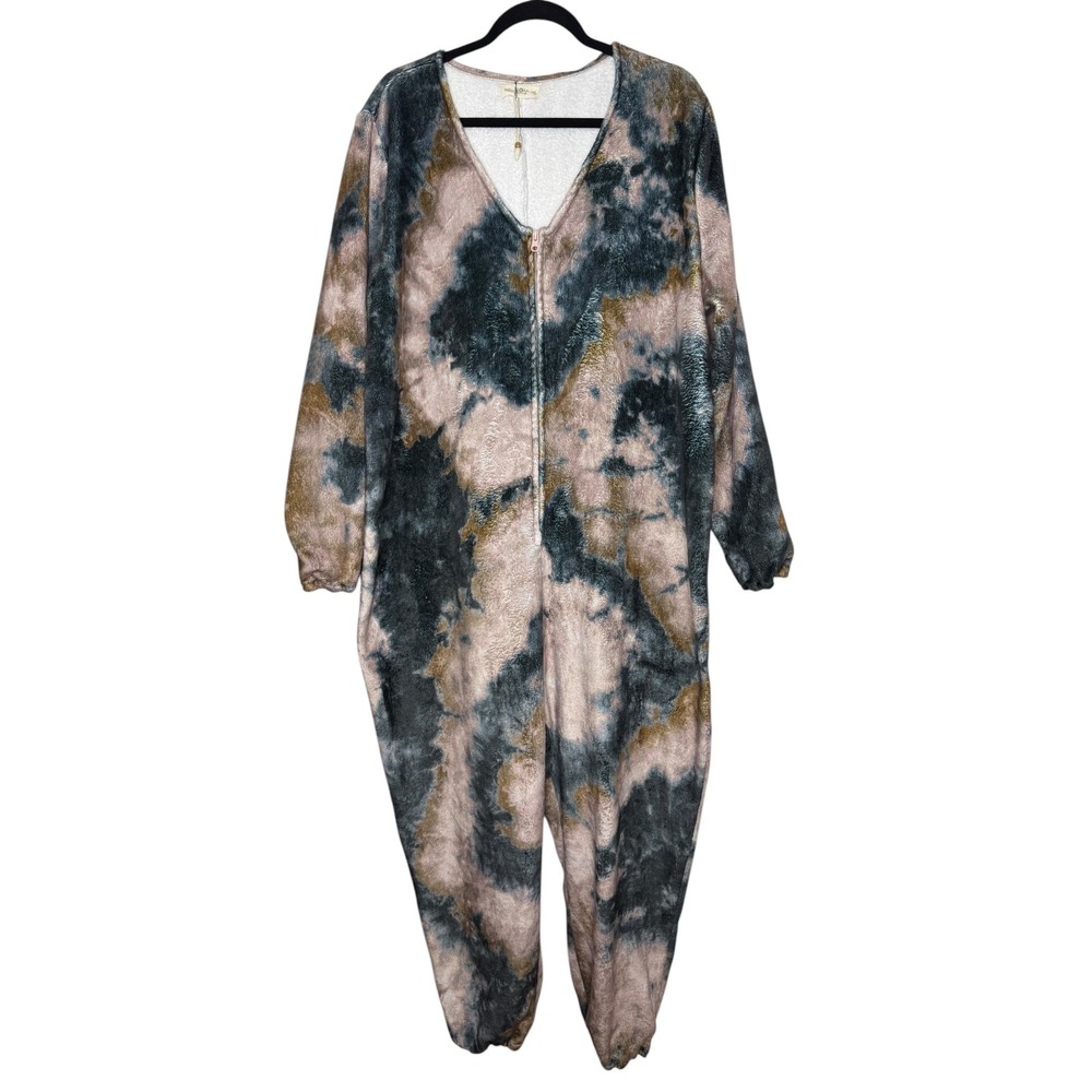 Natural Life Women XL Blue Tan Tie Dye Plush Fleece Zip Front Lounge Jumpsuit